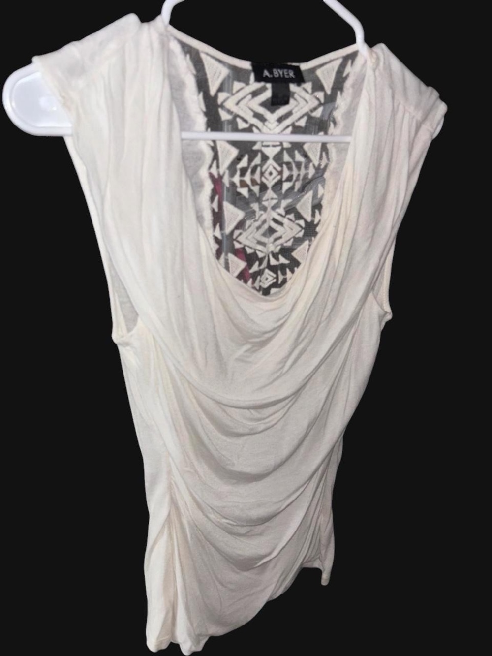 A. Byer Cream Draped Tank with Tribal Printed Back Panel